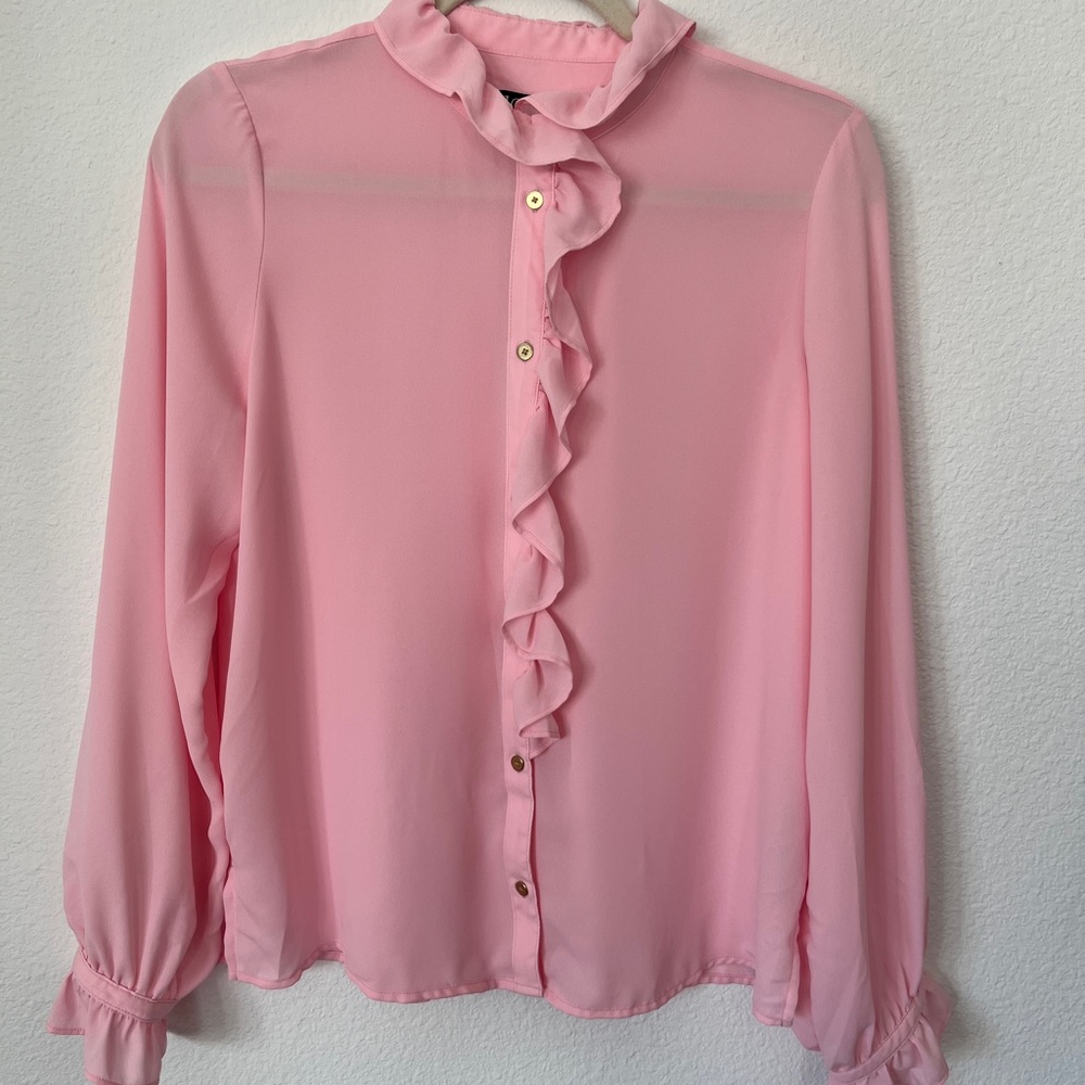 J. Crew Soft Pink Ruffle Button-Up Blouse